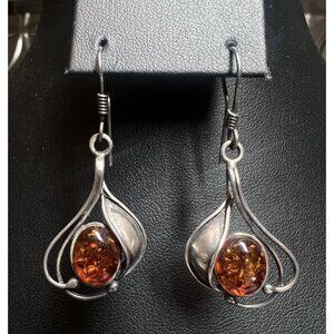 Vintage Art Nouveau Baltic Amber Earrings 925 Sterling Silver 1.25"